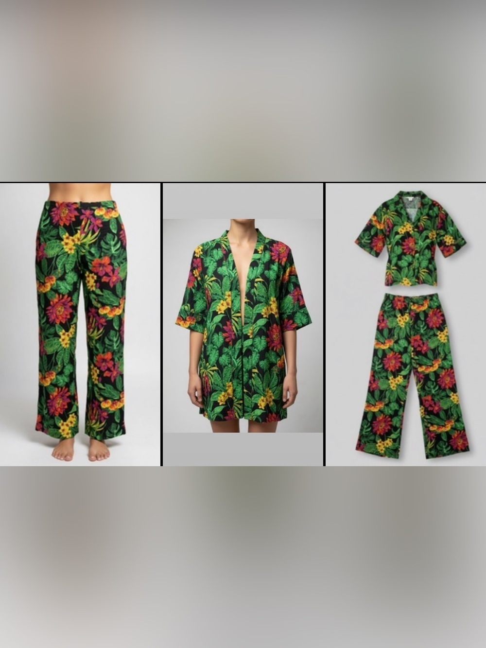 Panama Jack Tropical Floral Wide-Leg Pants & Kimono - Black, Green, Yellow, Pink